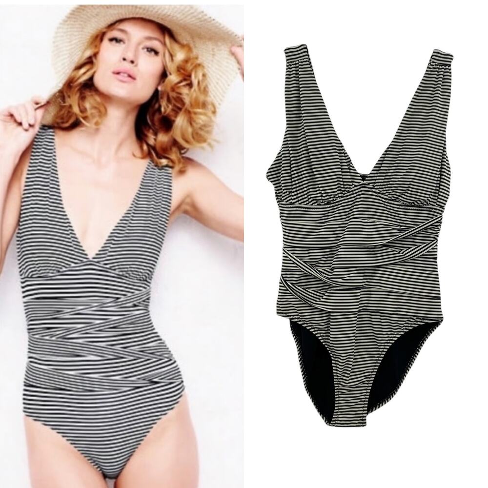 Garnet Hill One Piece Swimsuit Ruched Plunge Striped Black Cream Size 8